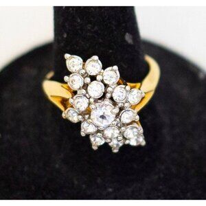 Size 8, Vintage Art Deco Colorless Floral Rhinestones Gold Plated Ring - A23